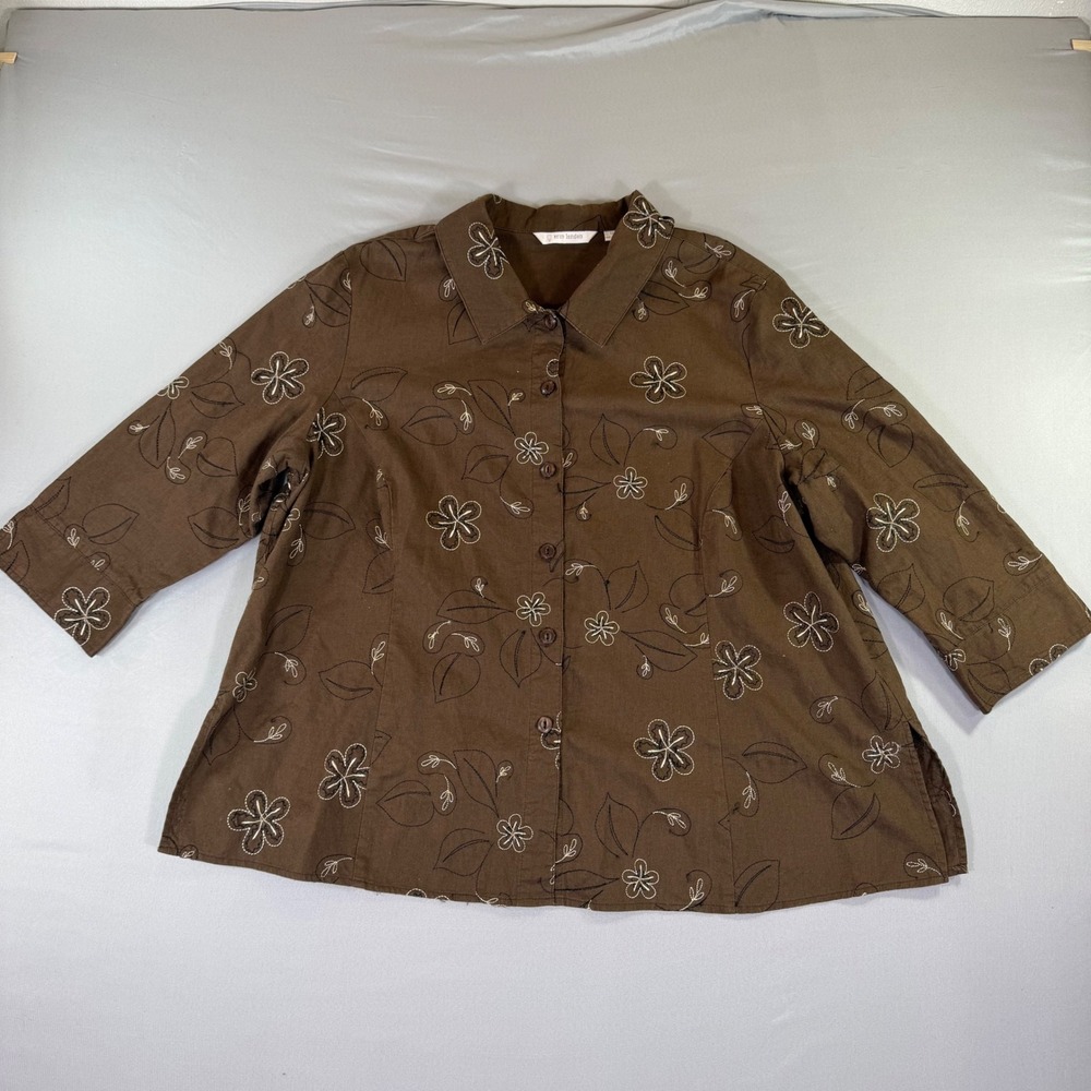 Brown Linen Cotton Shirt Womens 1X Floral Embroidered Earthy Boho Cottagecore
